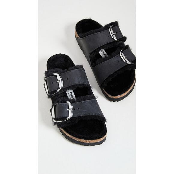 Birkenstock Arizona Big Buckle Shearling Black Oil Sandal‎ EU 38 Summer Europe